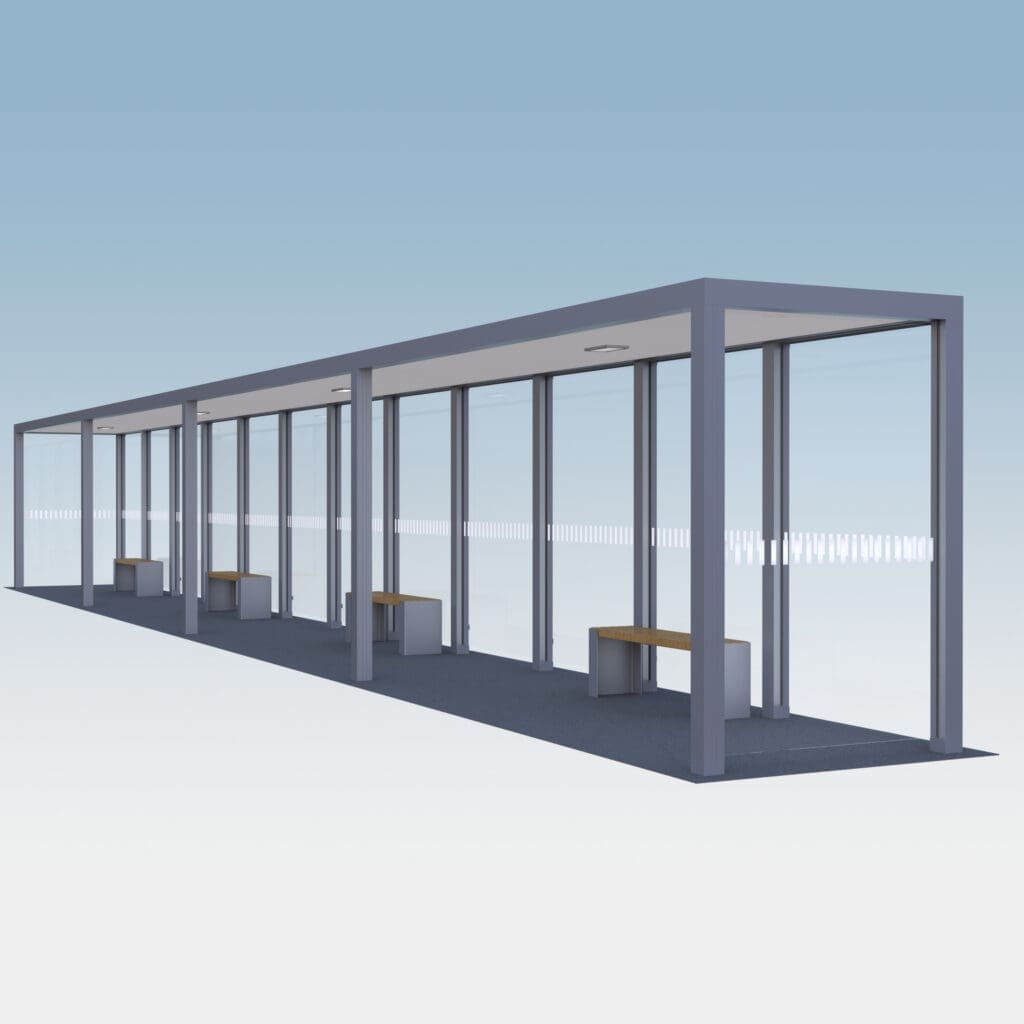 Großer Fahrgastunterstand mit Glaswänden von Sharp.