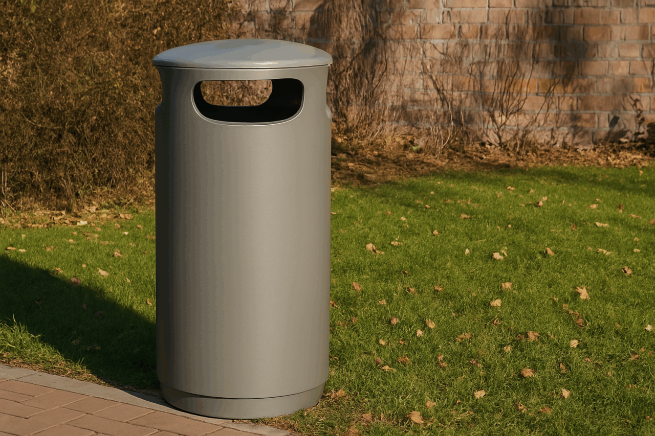 Grauer Abfallbehälter draußen im Park.